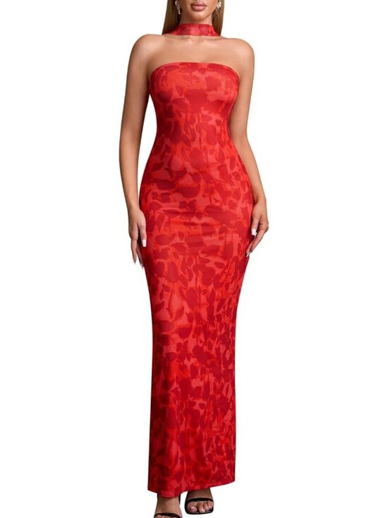 Dresses & Skirts - Women's Summer Bodycon Red Print Maxi Halter Neck Formal Cocktail Party Dress